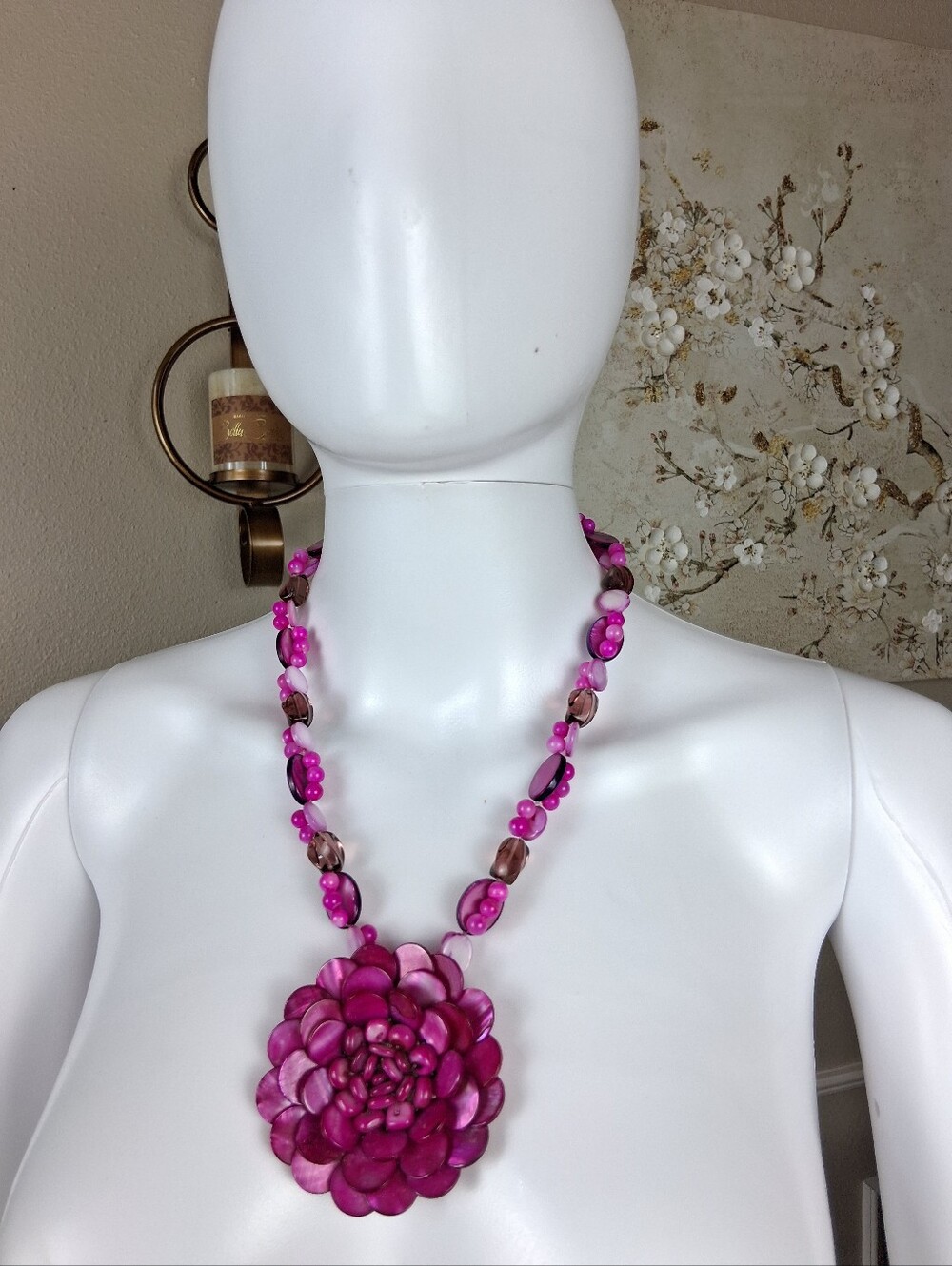 Women's Pink Floral Statement Necklace - Women Jewelry Beaded Necklaces - Picture 6 of 16